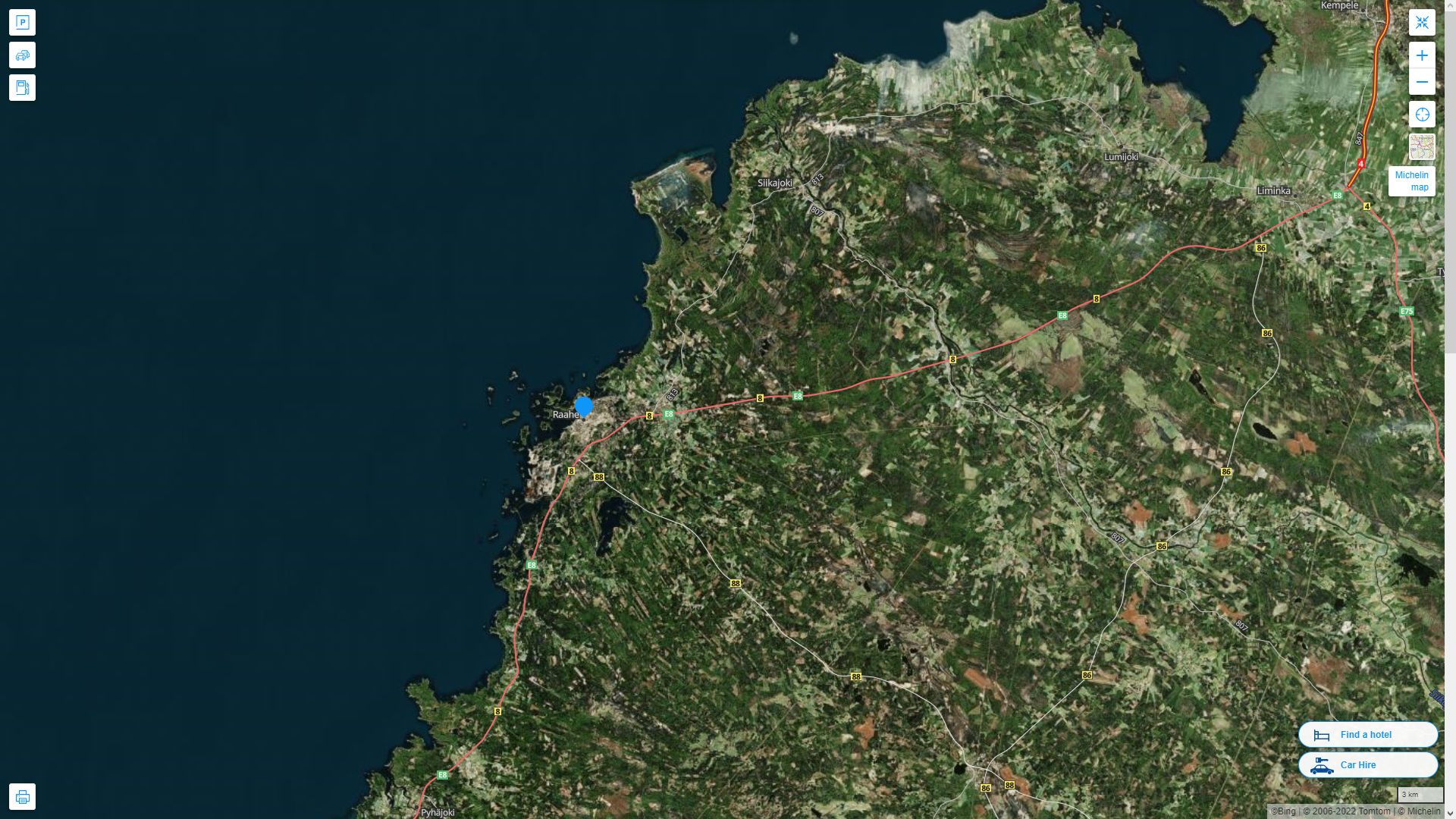 Raahe Finlande Autoroute et carte routiere avec vue satellite